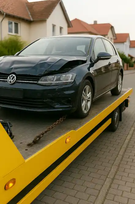 Ein defektes Auto wird in Siegen abgeschleppt, um es im Rahmen des Autoankaufs fachgerecht zu bewerten.